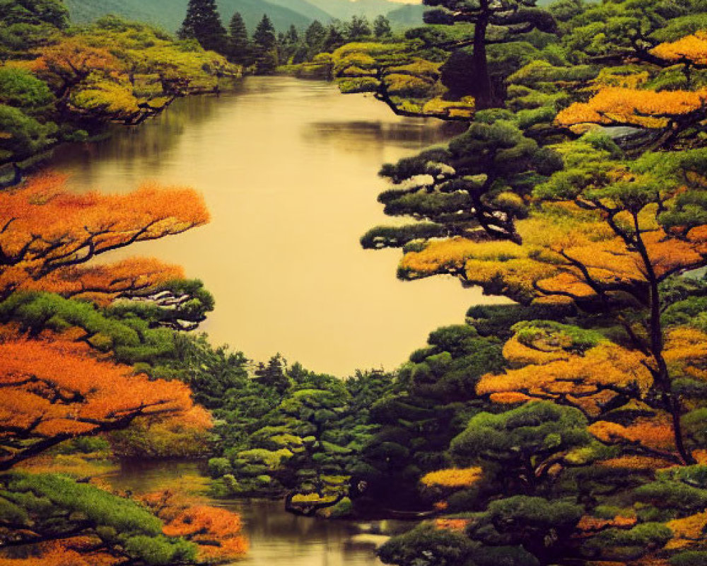 Japanese Garden with Autumn Colors, Pond, Trees, and Mountains