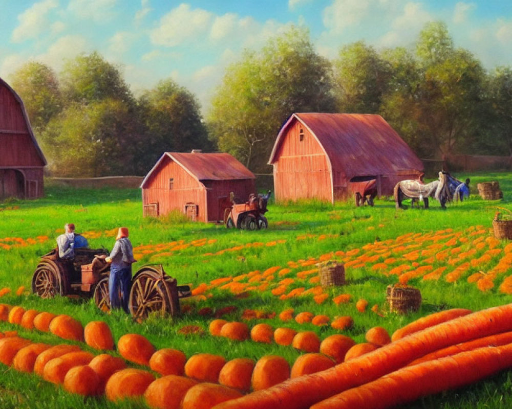 Colorful Farm Painting with Oversized Carrots, Farmers, Horse, and Barns