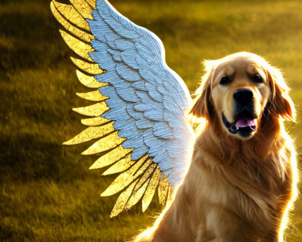 Golden Retriever with White and Gold Angel Wings in Sunlit Field