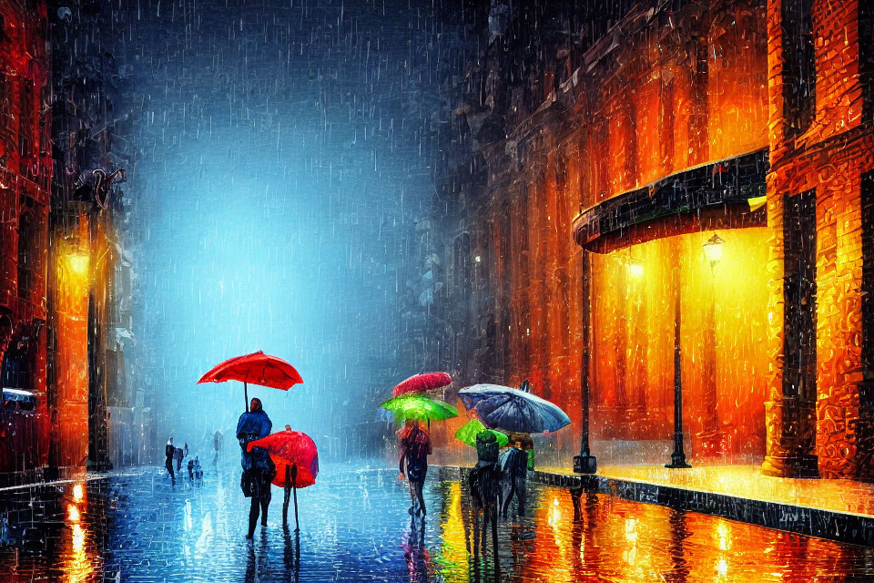 Colorful umbrellas illuminate rainy city street at night