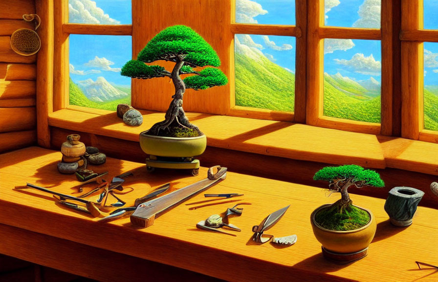 Bonsai trees on sunlit table with gardening tools and scenic landscape view