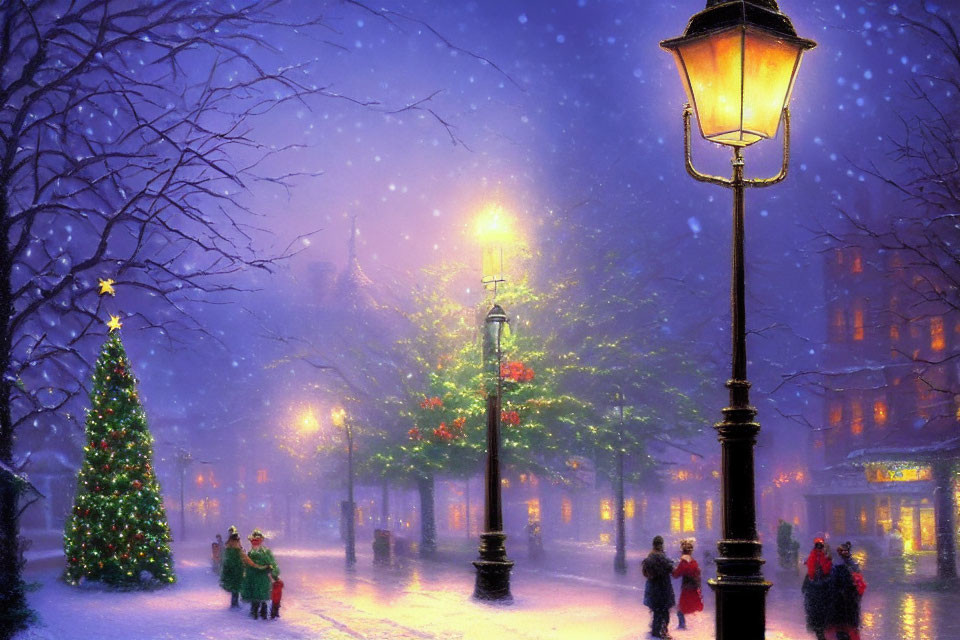 Winter street scene with people, lampposts, snow, and Christmas tree.