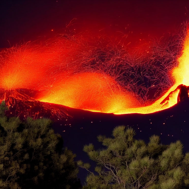 Nighttime volcanic eruption with bright lava and fiery sparks, framed by silhouetted pine trees