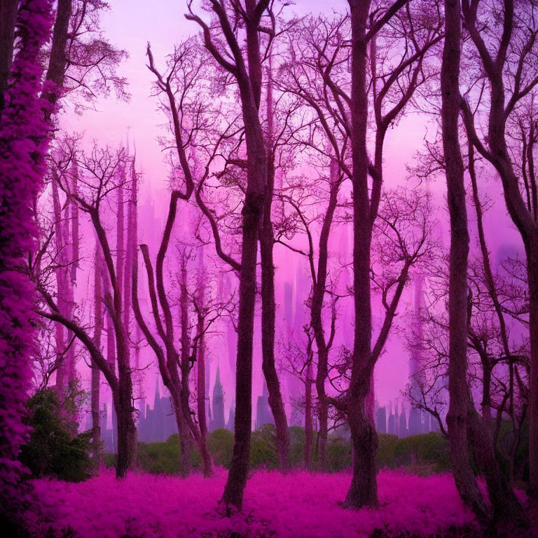 Mystical Purple Forest with Violet Hues and Gothic Structures