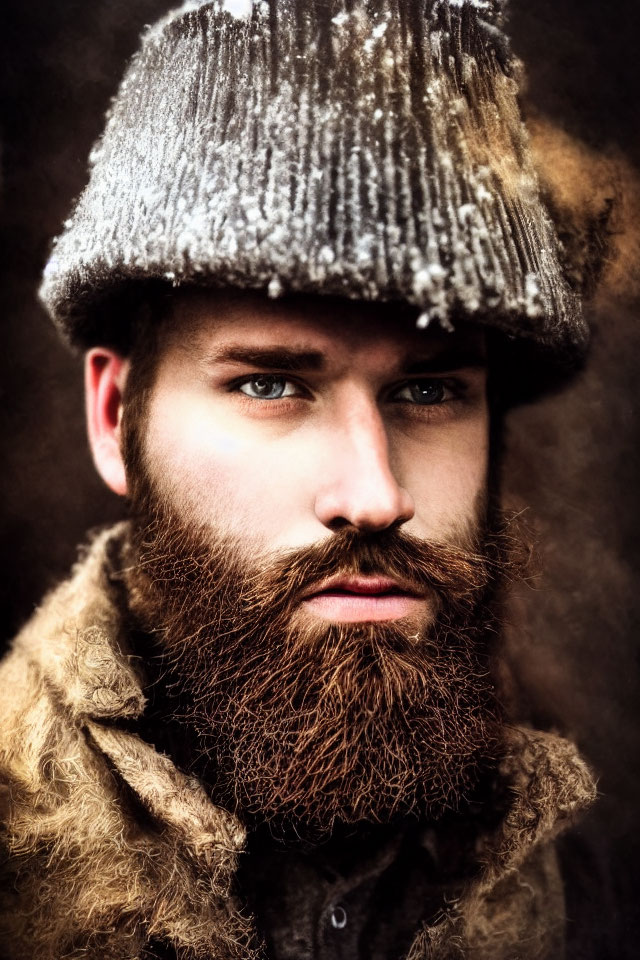 Intense-eyed bearded man in textured hat and fur-lined coat portrait.