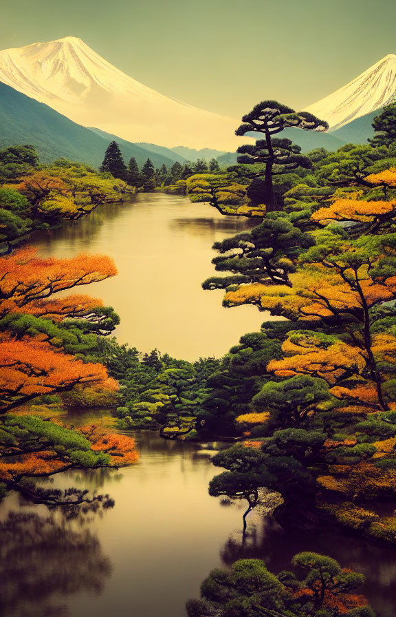 Japanese Garden with Autumn Colors, Pond, Trees, and Mountains