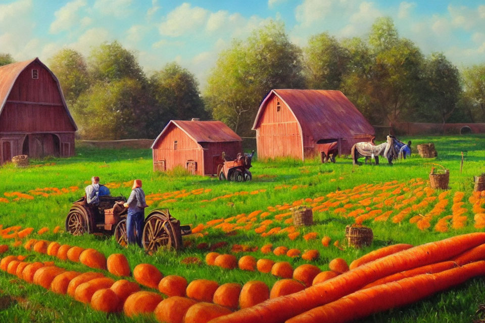 Colorful Farm Painting with Oversized Carrots, Farmers, Horse, and Barns