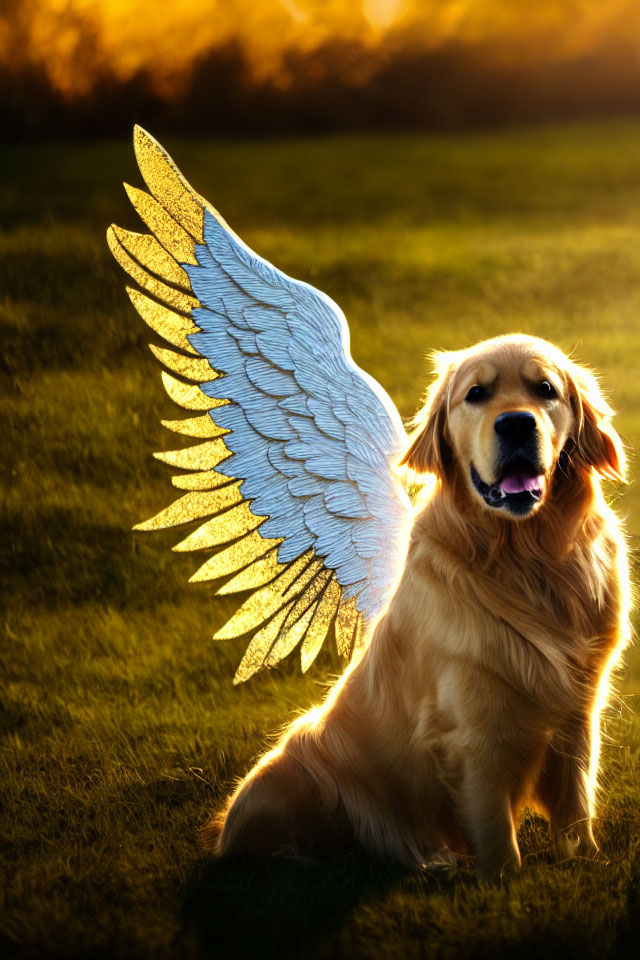 Golden Retriever with White and Gold Angel Wings in Sunlit Field