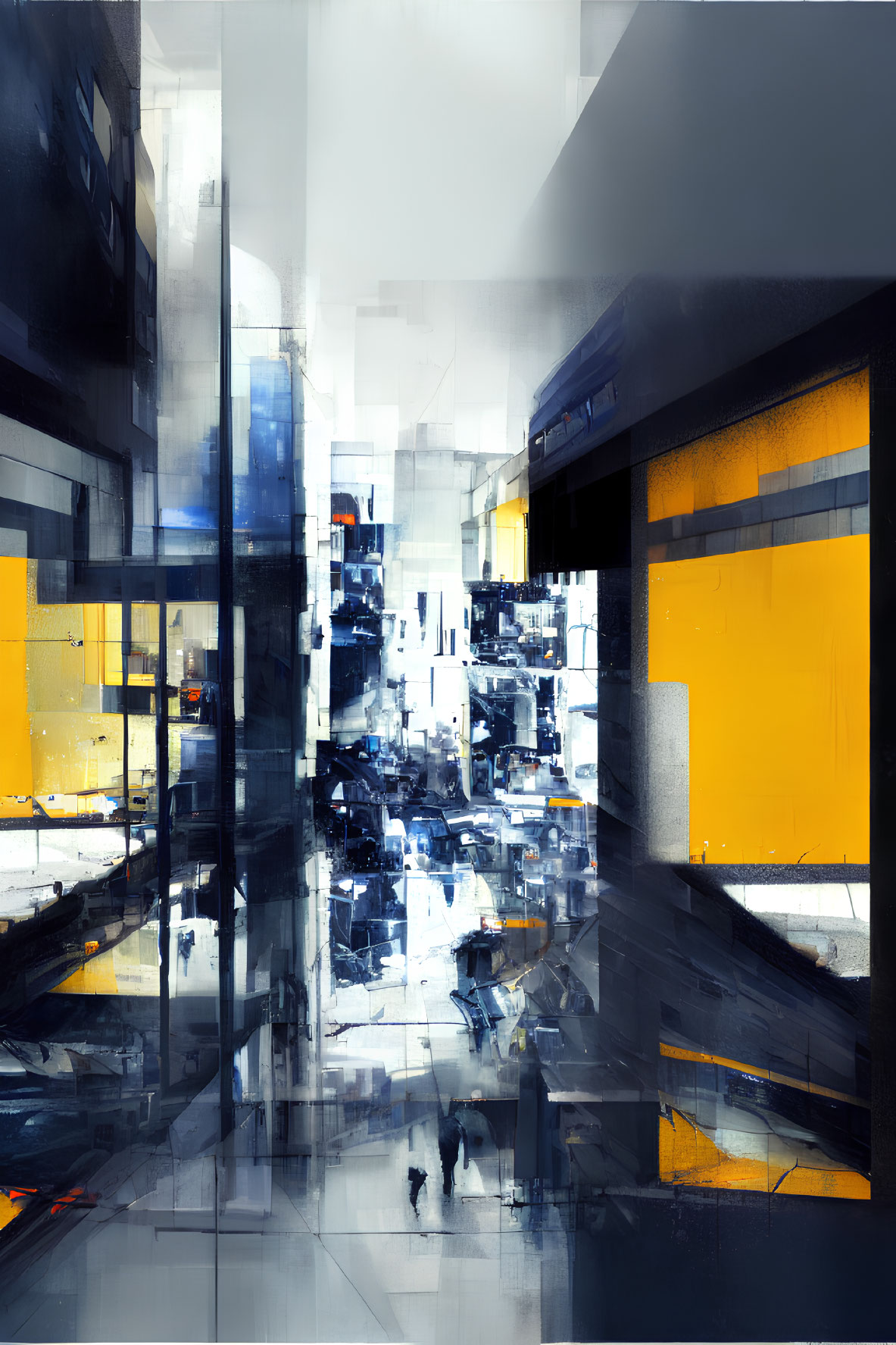 Blurred urban scene with yellow and blue tones, pedestrians, and city architecture