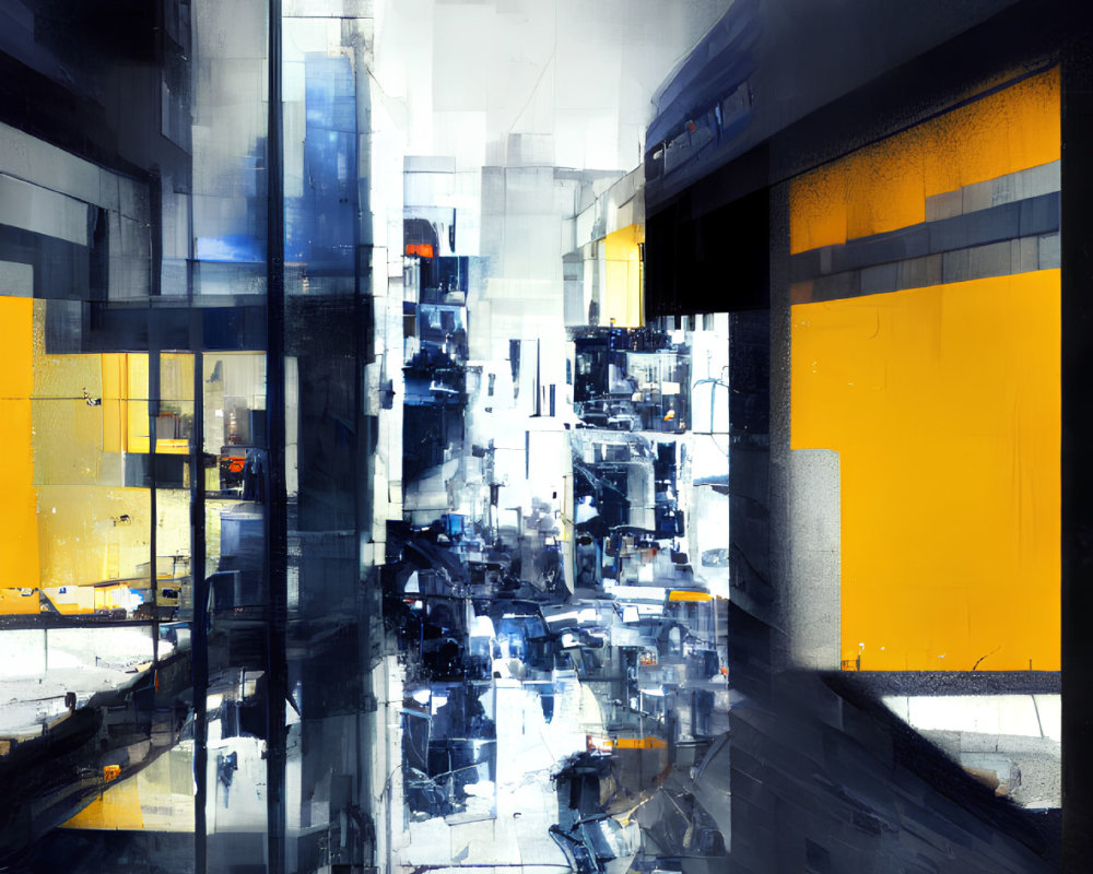 Blurred urban scene with yellow and blue tones, pedestrians, and city architecture