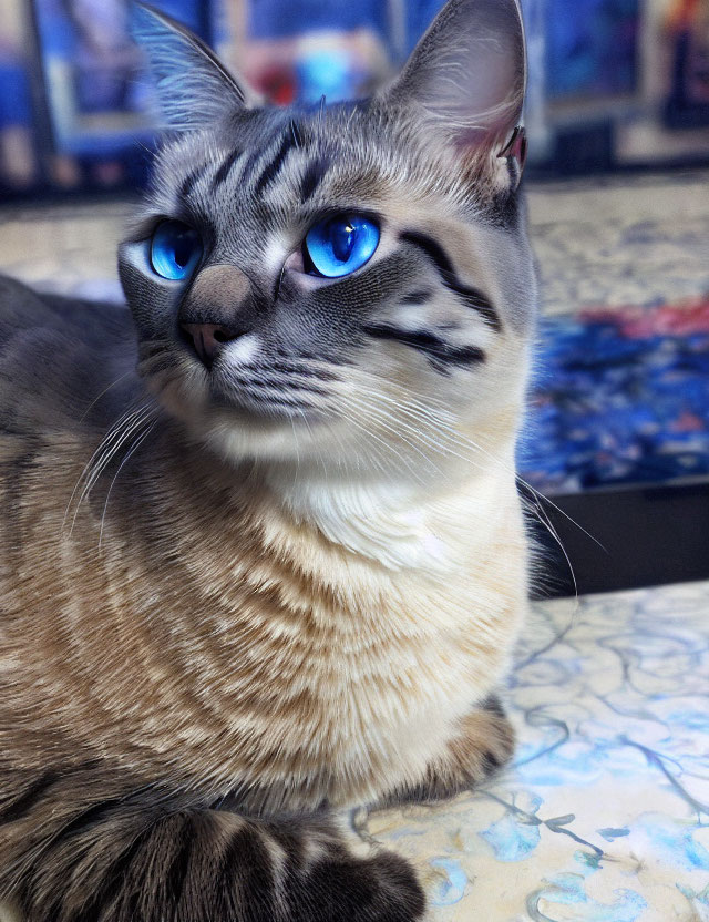 Siamese Cat with Blue Eyes and Tabby Markings on Table