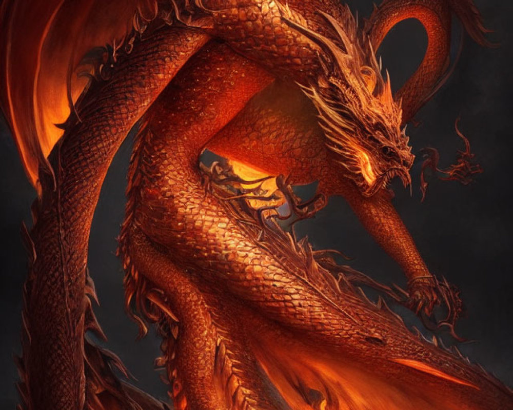 Detailed Orange and Red Dragon Breathing Fire on Dark Background