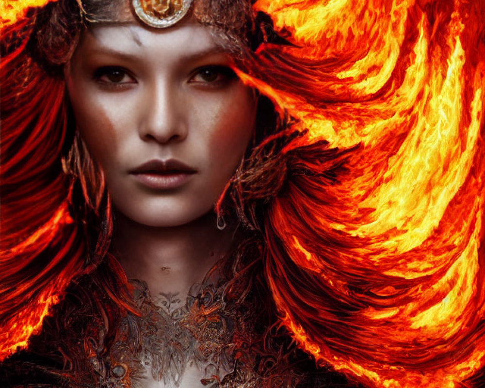 Fiery red-haired woman in ornate dark attire against burning backdrop