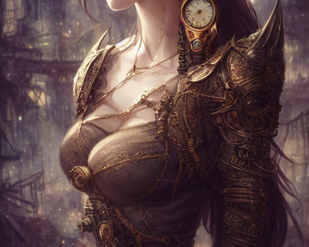 Steampunk armor-clad elf in sharp focus against industrial backdrop