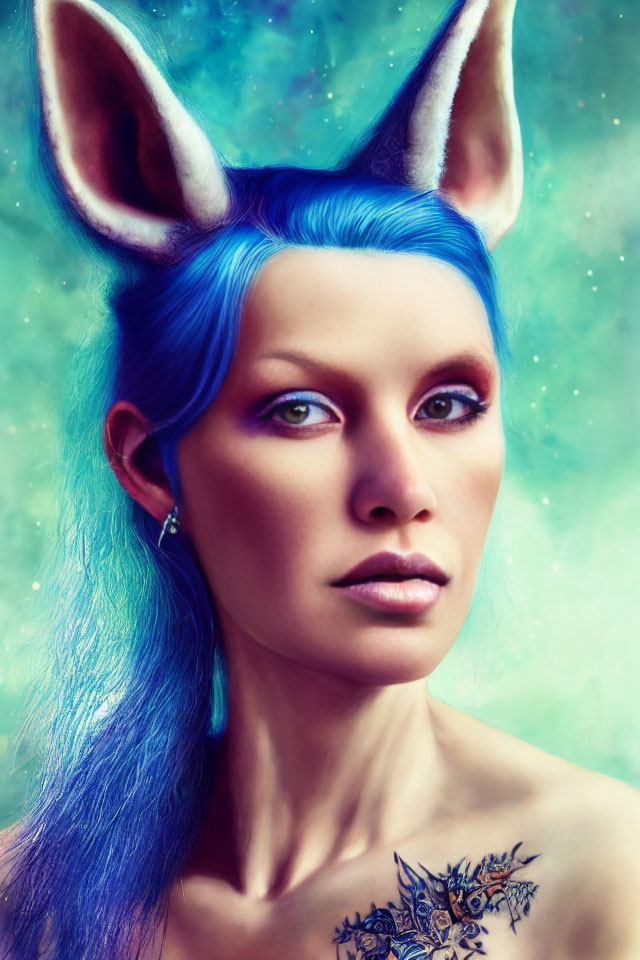 Fantasy portrait of woman with blue hair, animal-like ears, and intricate shoulder tattoo against starry