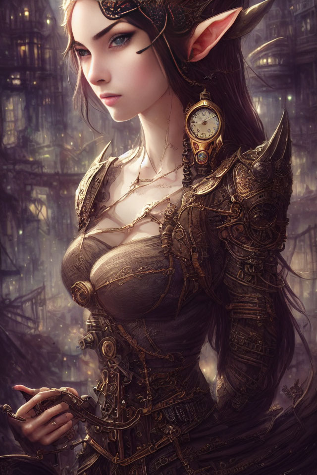 Steampunk armor-clad elf in sharp focus against industrial backdrop