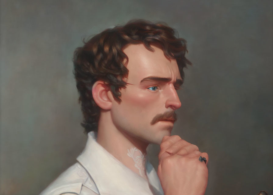 Man with Curly Hair and Mustache in White Shirt Portrait