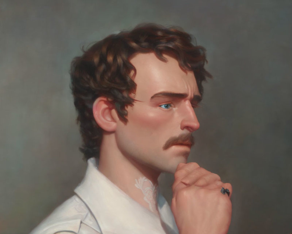 Man with Curly Hair and Mustache in White Shirt Portrait