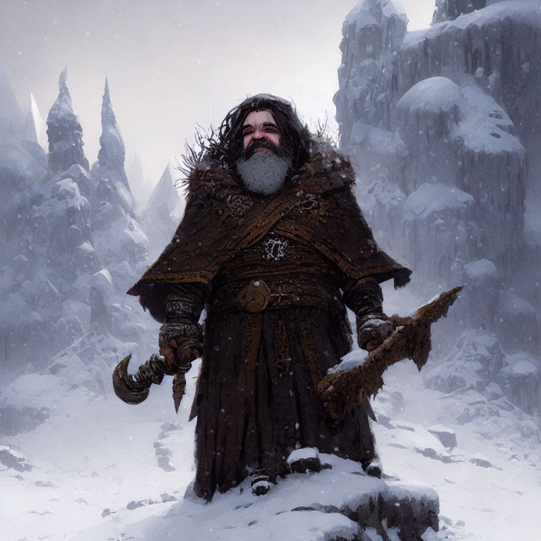 Dwarf warrior in fur-lined armor with horn and axe in snowy landscape