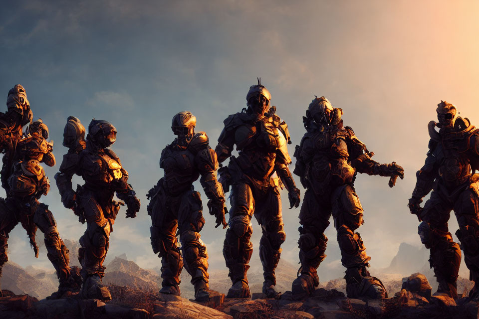 Futuristic soldiers in armored suits on rocky terrain at sunset