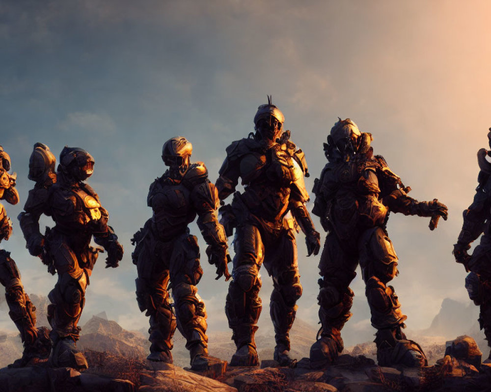 Futuristic soldiers in armored suits on rocky terrain at sunset