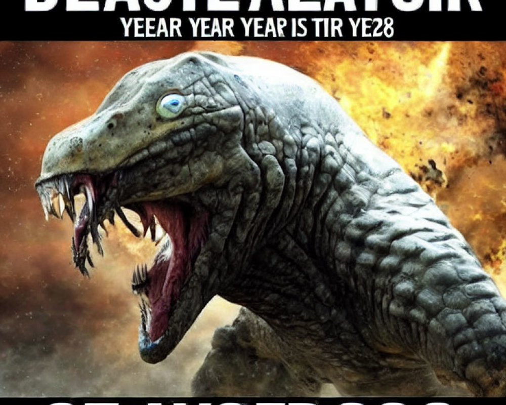 Tyrannosaurus Rex roaring in front of fiery explosion with cryptic text.