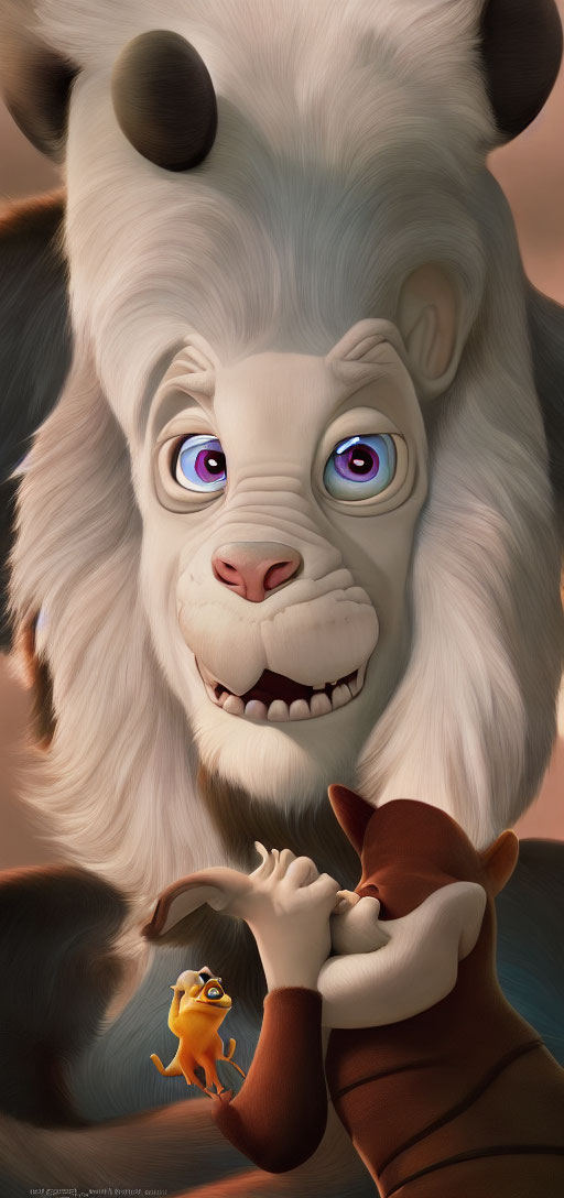 Smiling white lion with panda pattern and two small creatures conversing