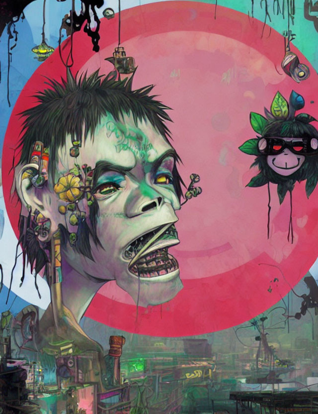 Colorful illustration of character with green skin, piercings, flowers, monkey, urban backdrop