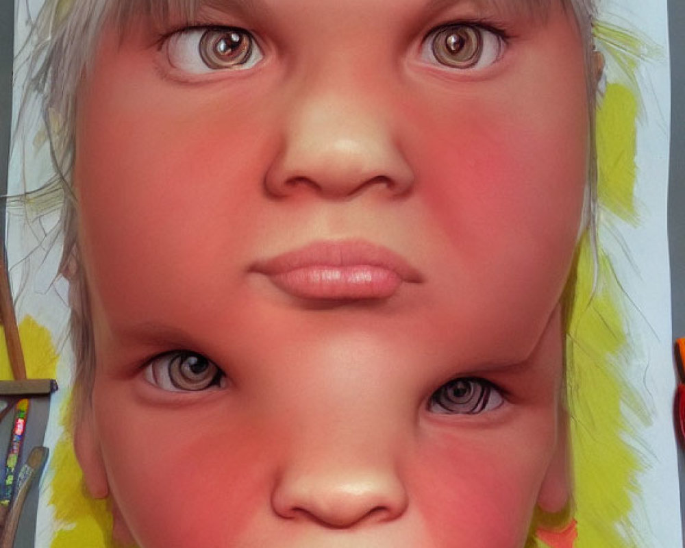 Distorted caricature of a human face with exaggerated features on pencil background