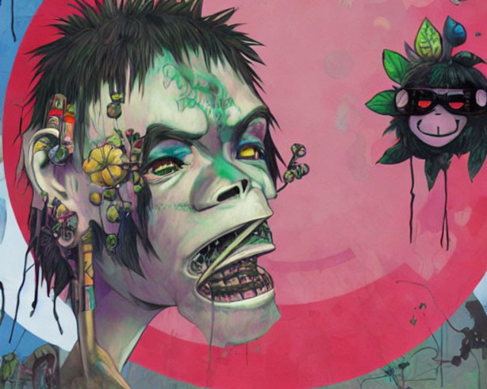 Colorful illustration of character with green skin, piercings, flowers, monkey, urban backdrop