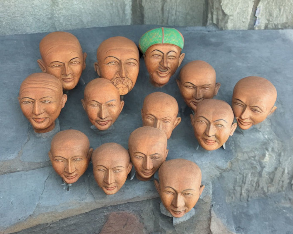 Assorted wooden carved heads with different expressions on stone ledge