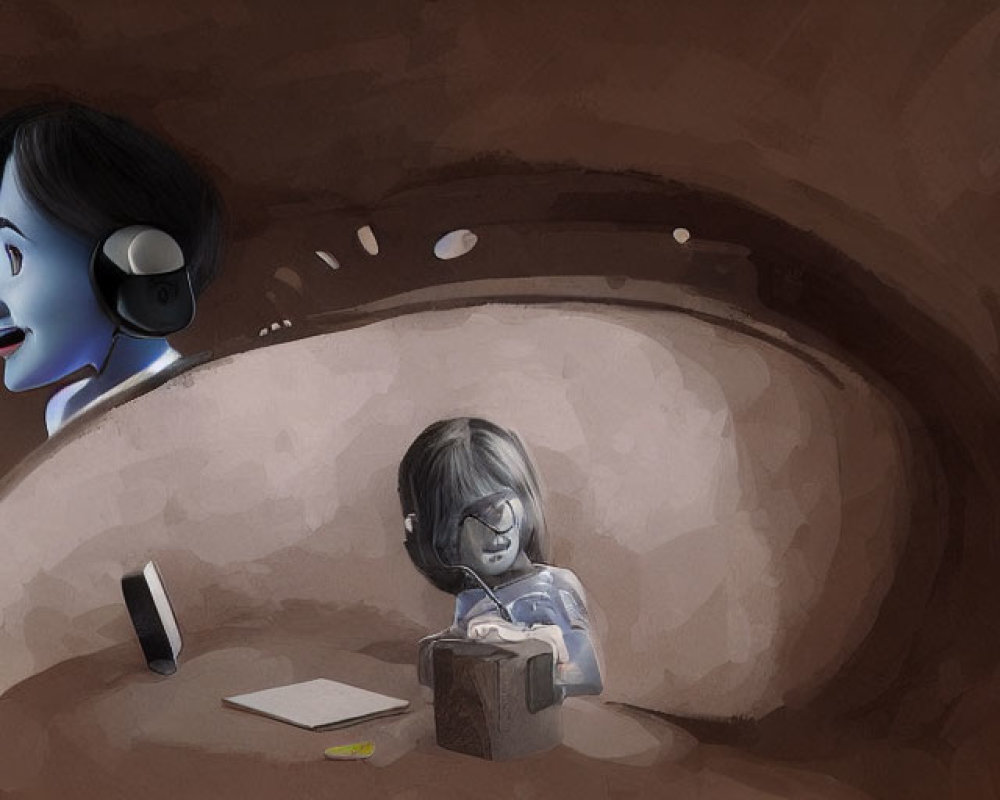 Child Reading in Dark Cave with Surreal Face Background