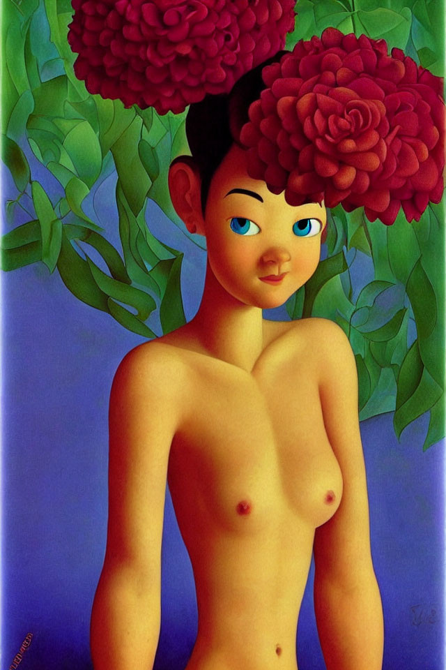 Stylized painting of figure with red flower hair on green and blue backdrop