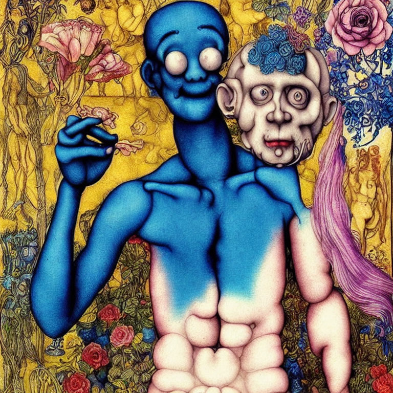 Surreal blue-skinned figure with two faces on floral backdrop