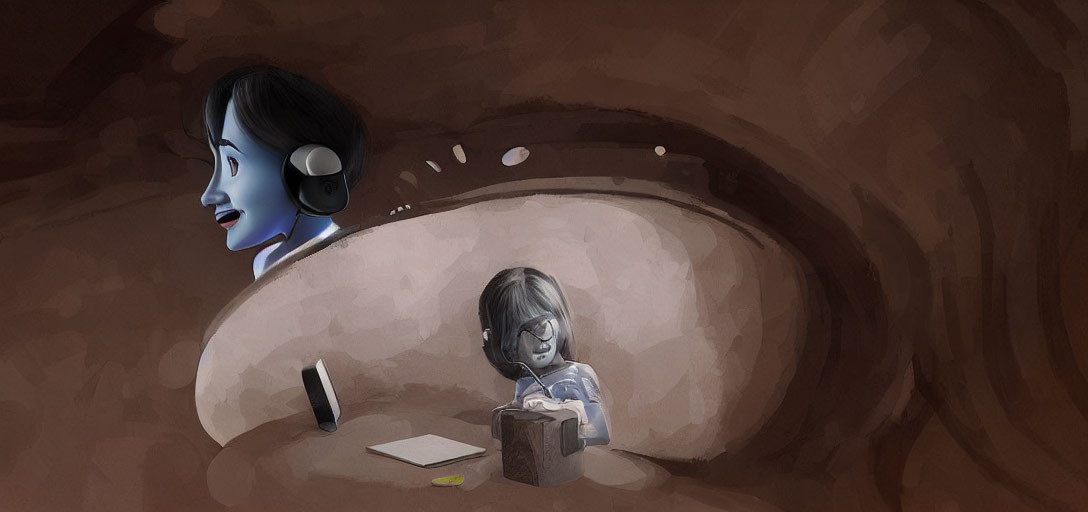 Child Reading in Dark Cave with Surreal Face Background