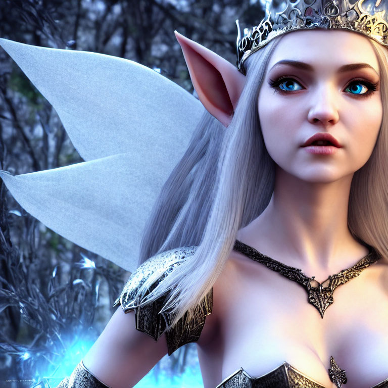 Ethereal female elf with blue eyes, crown, and wings in mystical forest