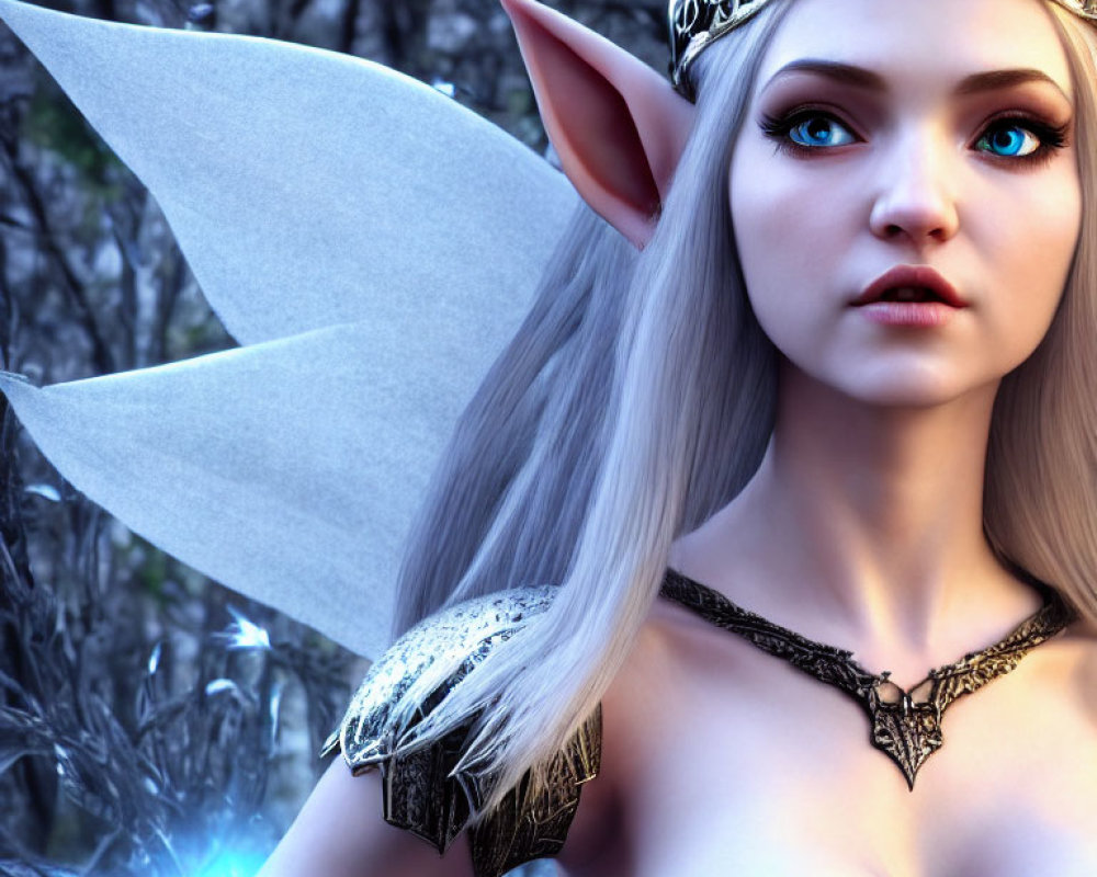 Ethereal female elf with blue eyes, crown, and wings in mystical forest