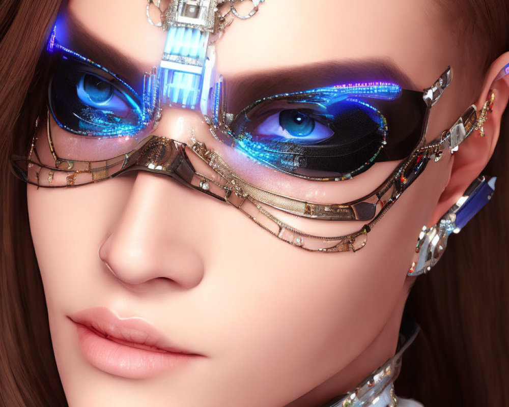 Blue-eyed individual in cyberpunk glasses with intricate illuminated designs