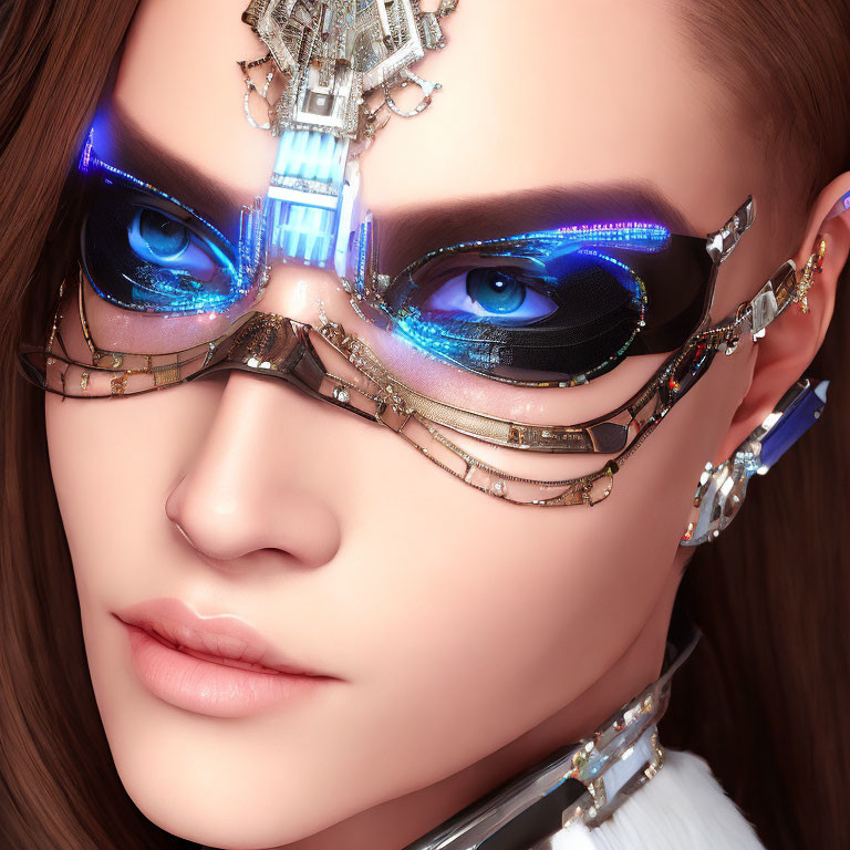 Blue-eyed individual in cyberpunk glasses with intricate illuminated designs