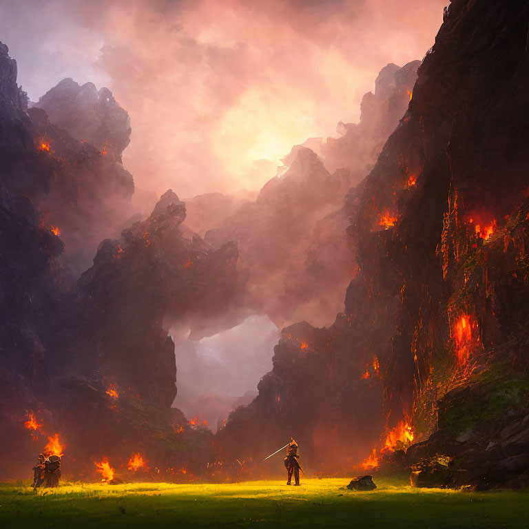 Warrior in mystical valley under glowing sky faces distant figure