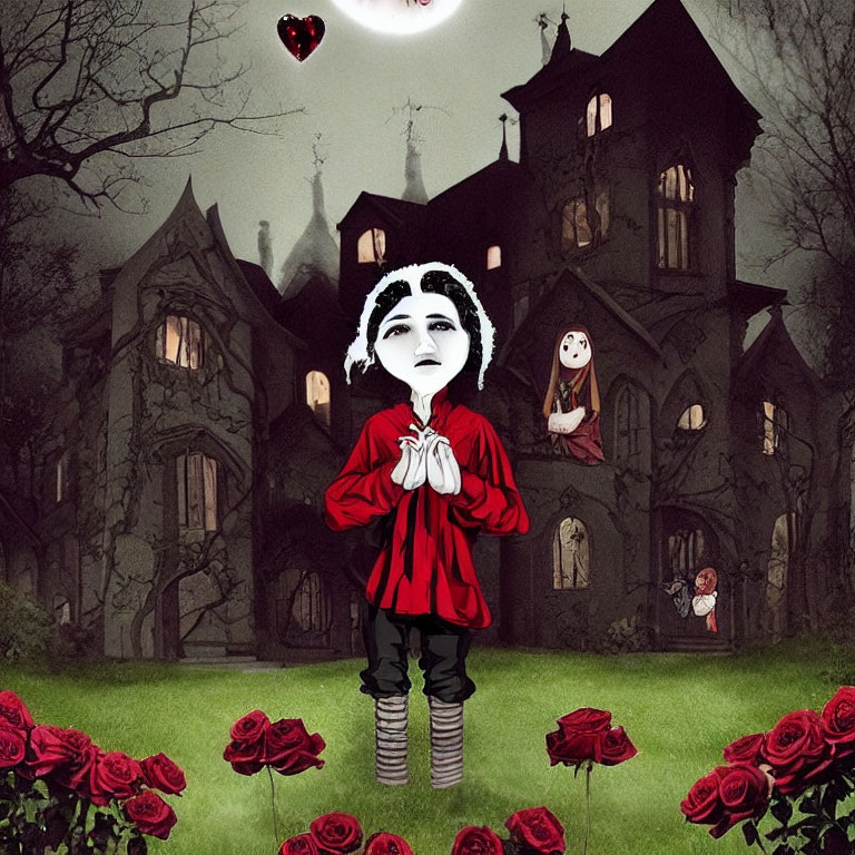 Stylized image of character in red hoodie at gothic house with roses