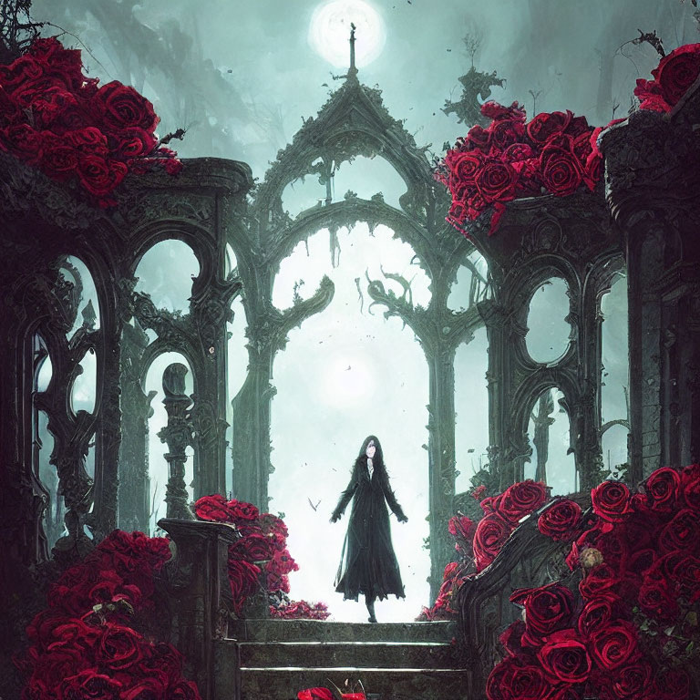 Mysterious cloaked figure in gothic archway with red roses under gloomy sky