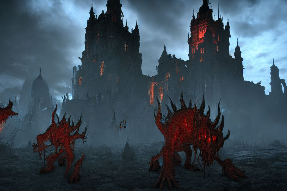 Gothic castle with red windows, demon guards, stormy sky - dark, eerie landscape