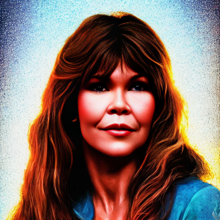 Portrait of a Woman with Bangs and Layered Hair in Vibrant Blue and Orange Hues