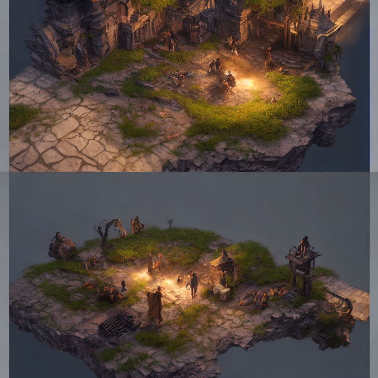 Floating Island with Ruins and Campfire Scenes in Day and Night