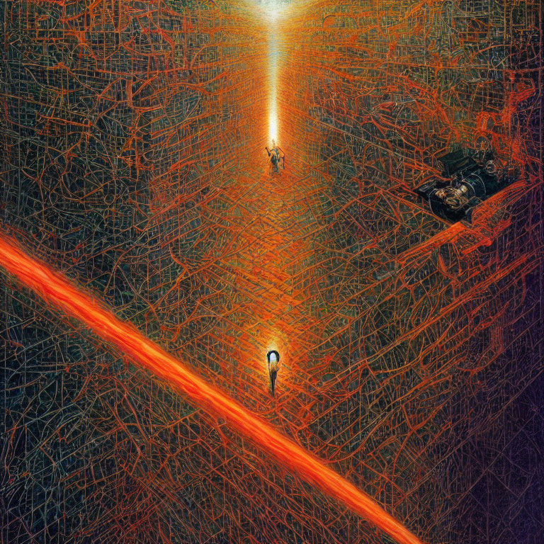 Intricate maze-like city with glowing path, figure, and vehicle.