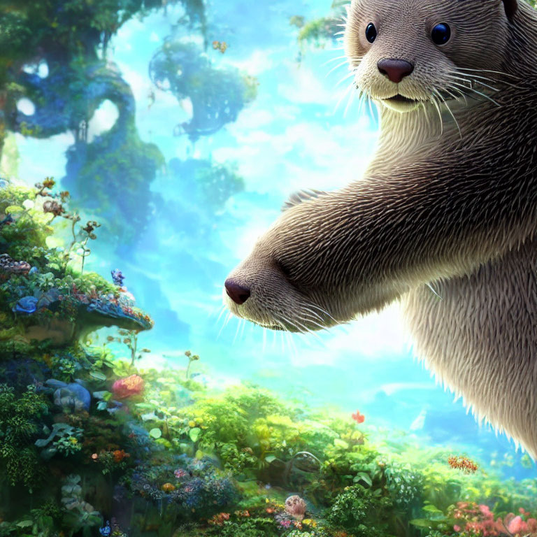 Close-up of animated otter in vibrant, fantastical forest.