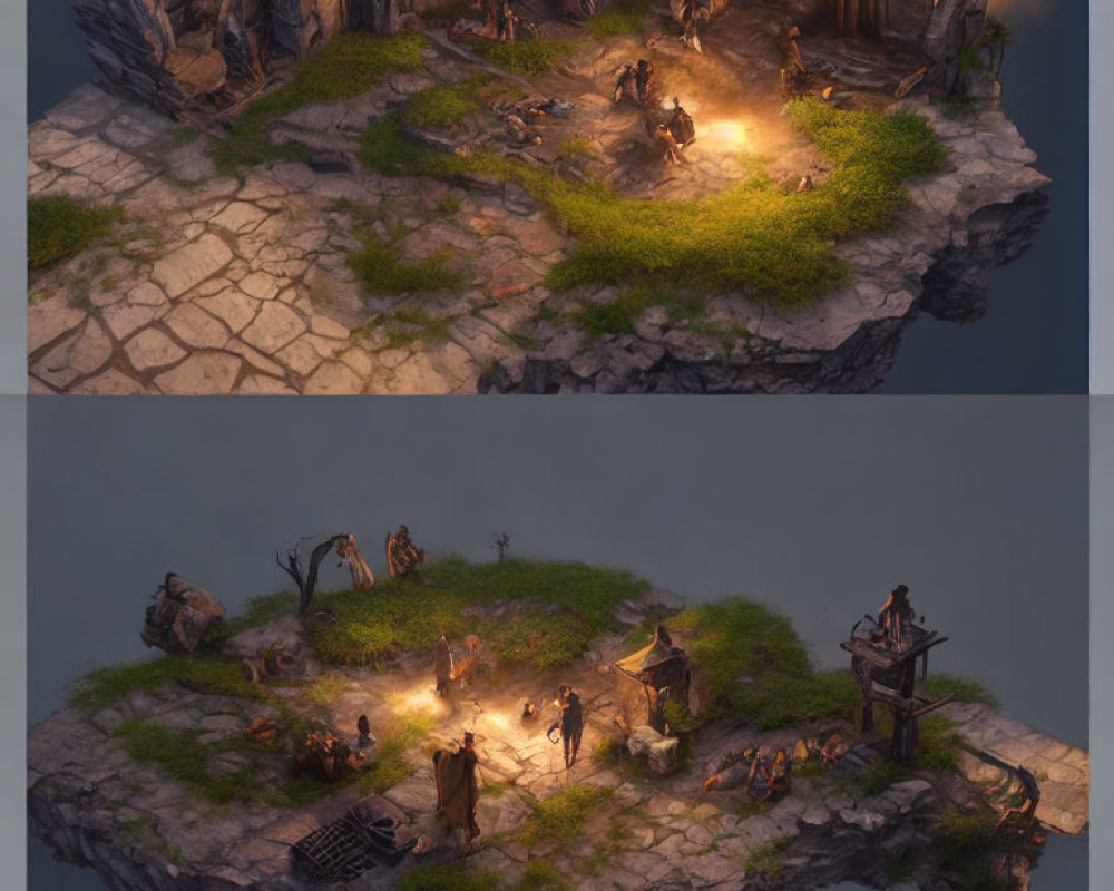 Floating Island with Ruins and Campfire Scenes in Day and Night