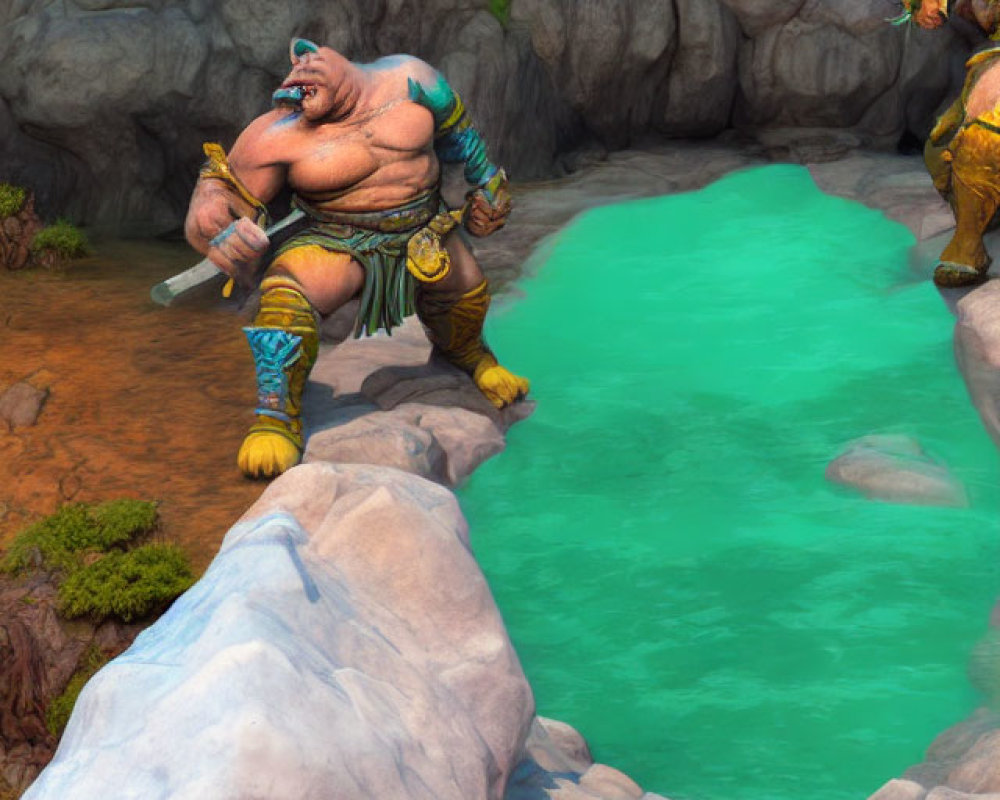 Animated ogre-like characters with swords in rocky landscape