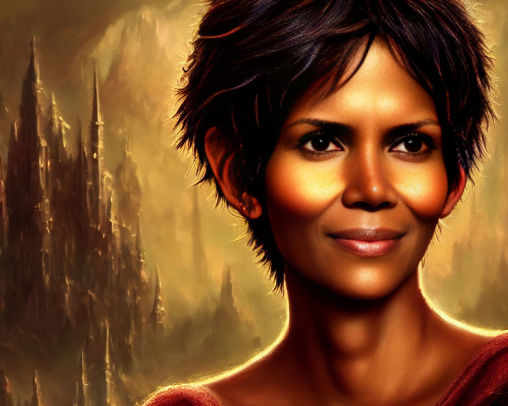 Short-haired woman's portrait against fantasy cityscape background